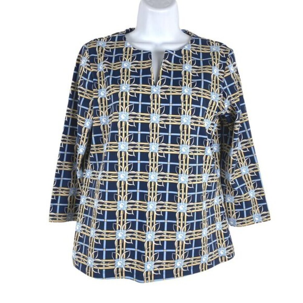 J. McLaughlin Top Women's Medium Catalina Cloth Floral Plaid 3/4 Sleeve TP-1789